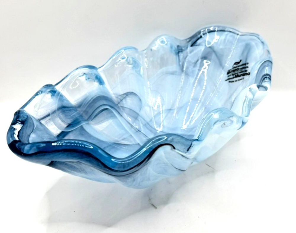 Murano Style Art Deco Clam Shell Bowl 11” Made In Italy Blue